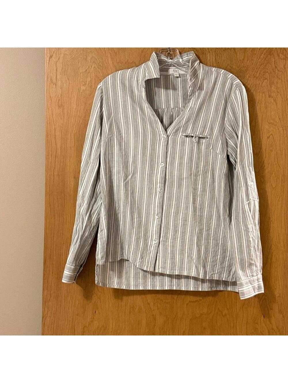 Kut from the Kloth Gray White Stripe Roll Tab Sleeve Popover Shirt Women's Small - Picture 2 of 9